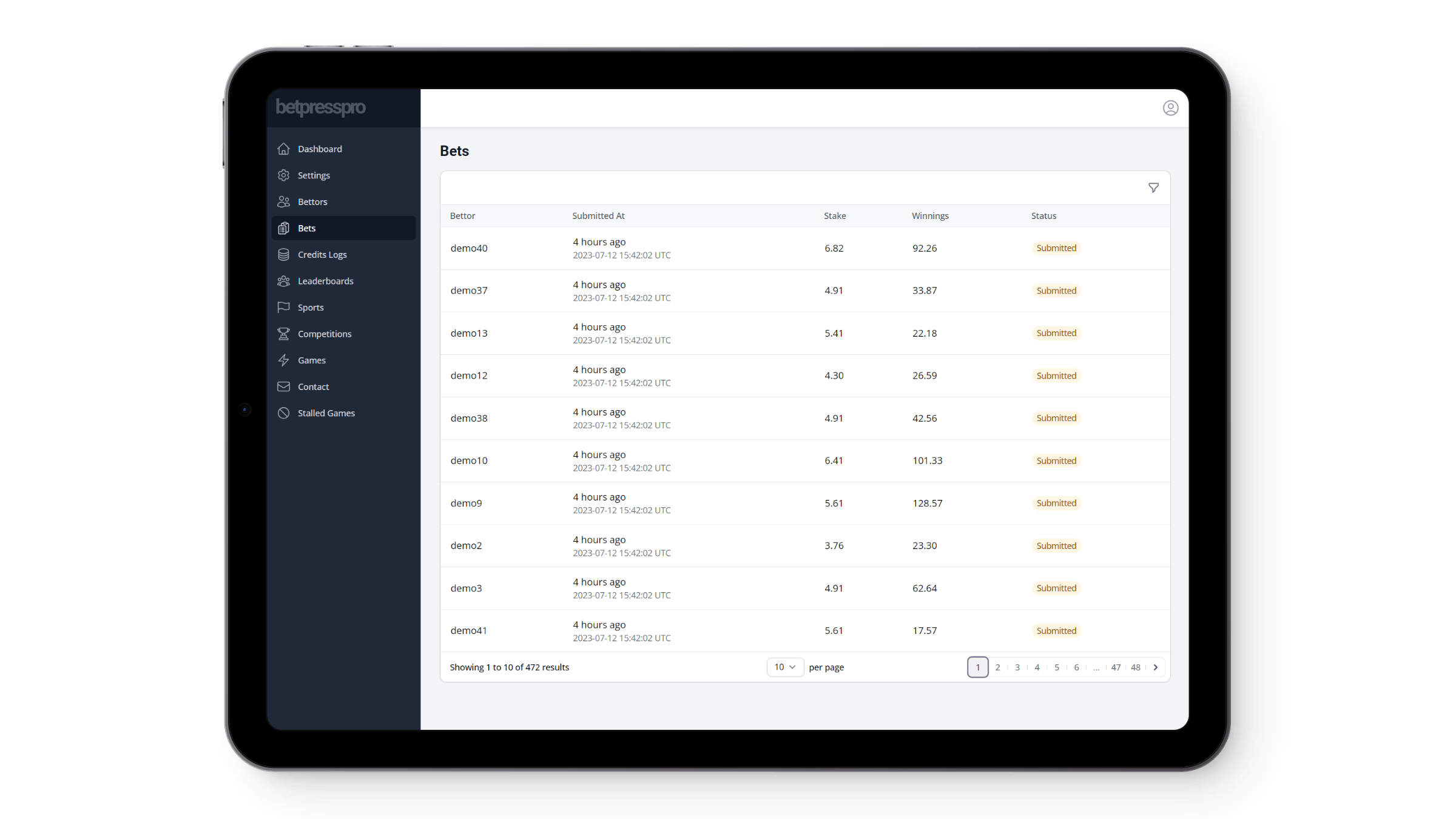 BetPress Pro Dashboard - Bet History and Status